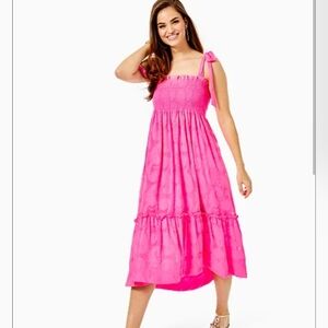 LILLY PULITZER RIVERA MIDI DRESS IN COCKATOO PINK WITH BOW STRAPS. SIZE SMALL..